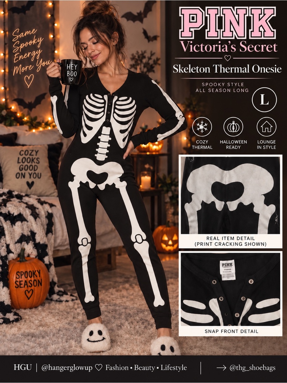PINK Victoria’s Secret Black Skeleton Thermal Onesie Halloween L